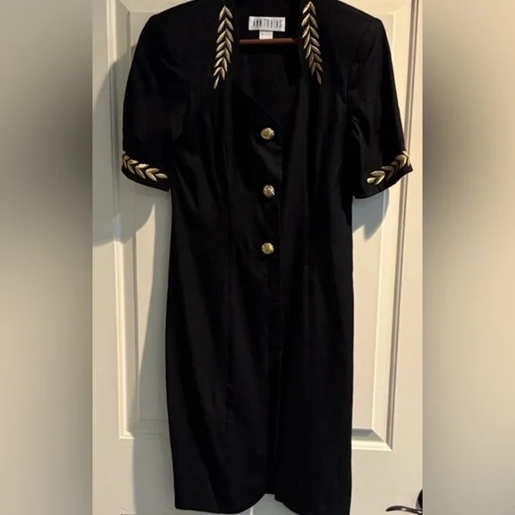 Vintage Black Midi Dress Gold Button Embroidered Trim Ann Tobias Size 8 USA - Picture 6 of 9